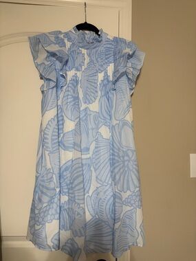 Women’s Light Blue Shell Print Ruffle Dress